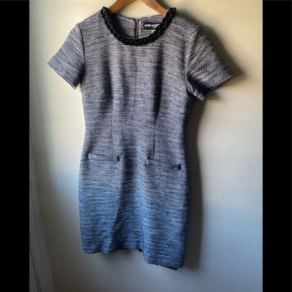 Karl Lagerfeld short sleeve blue and white tweed style shift dress size 2 - Picture 3 of 13